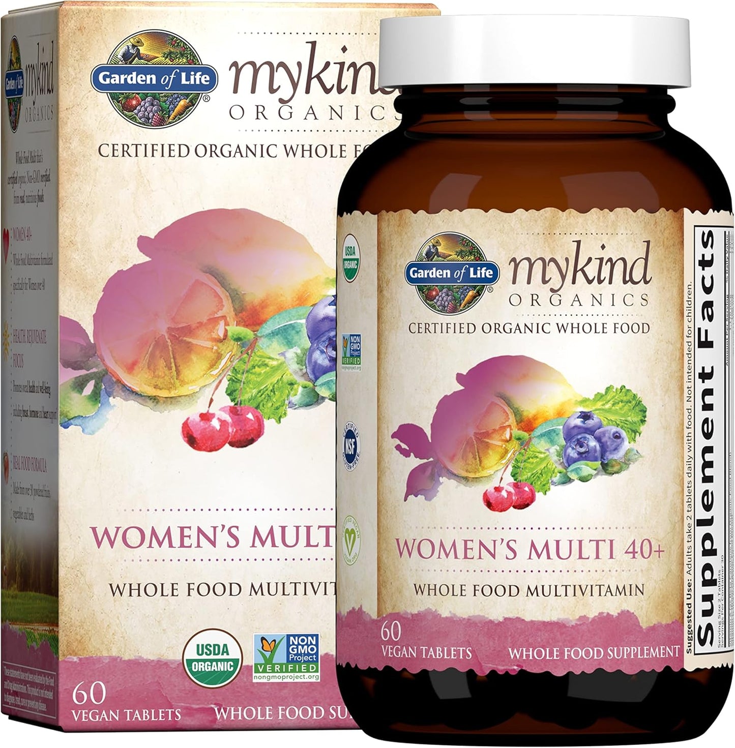 Organic Women's 40+ Multi-Vitamins Bundle: Garden of Life 60 Tablets & Raw Iron Capsules 30ct - Vegan & Non-GMO Formula