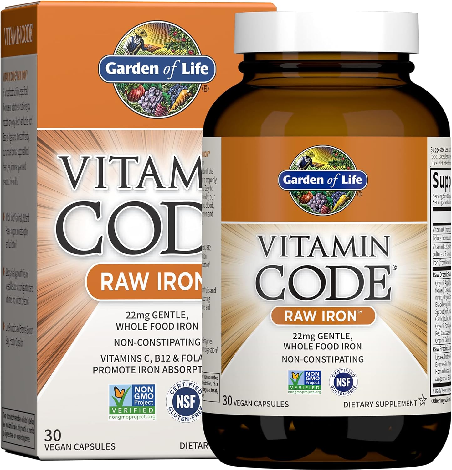 Organic Women's 40+ Multi-Vitamins Bundle: Garden of Life 60 Tablets & Raw Iron Capsules 30ct - Vegan & Non-GMO Formula