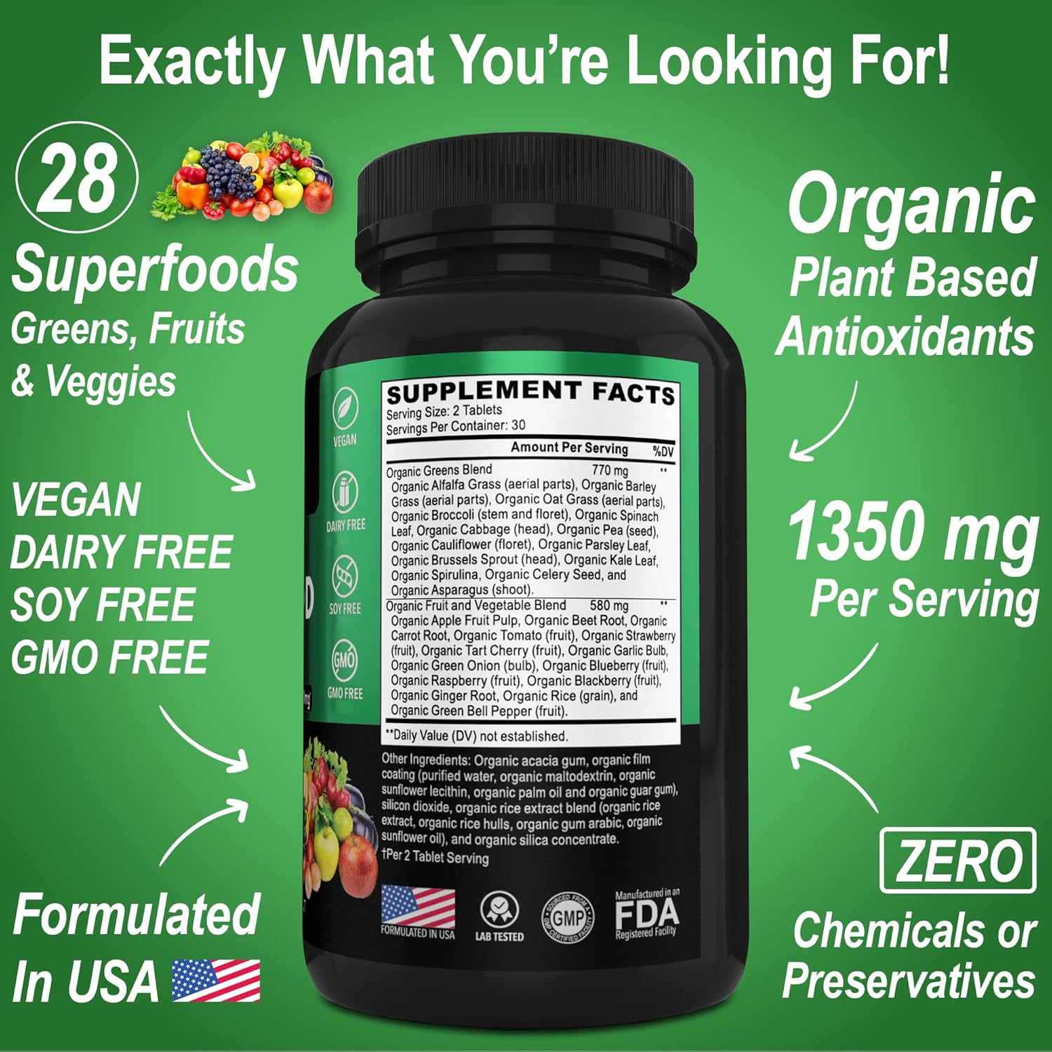 Organic Women's Multivitamin with Superfood Greens, Fruits, Magnesium & Zinc - Daily Energy Supplement with Vegetable Foods