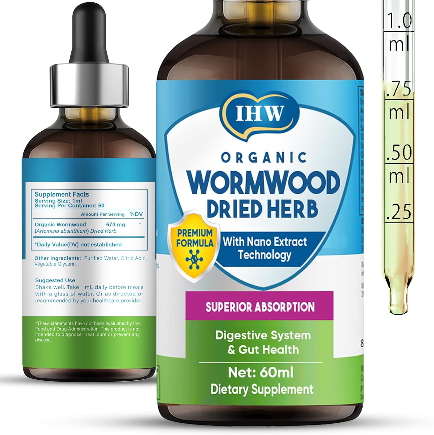 Organic Wormwood Liquid Drops with Black Walnut for Digestive and Intestinal Support