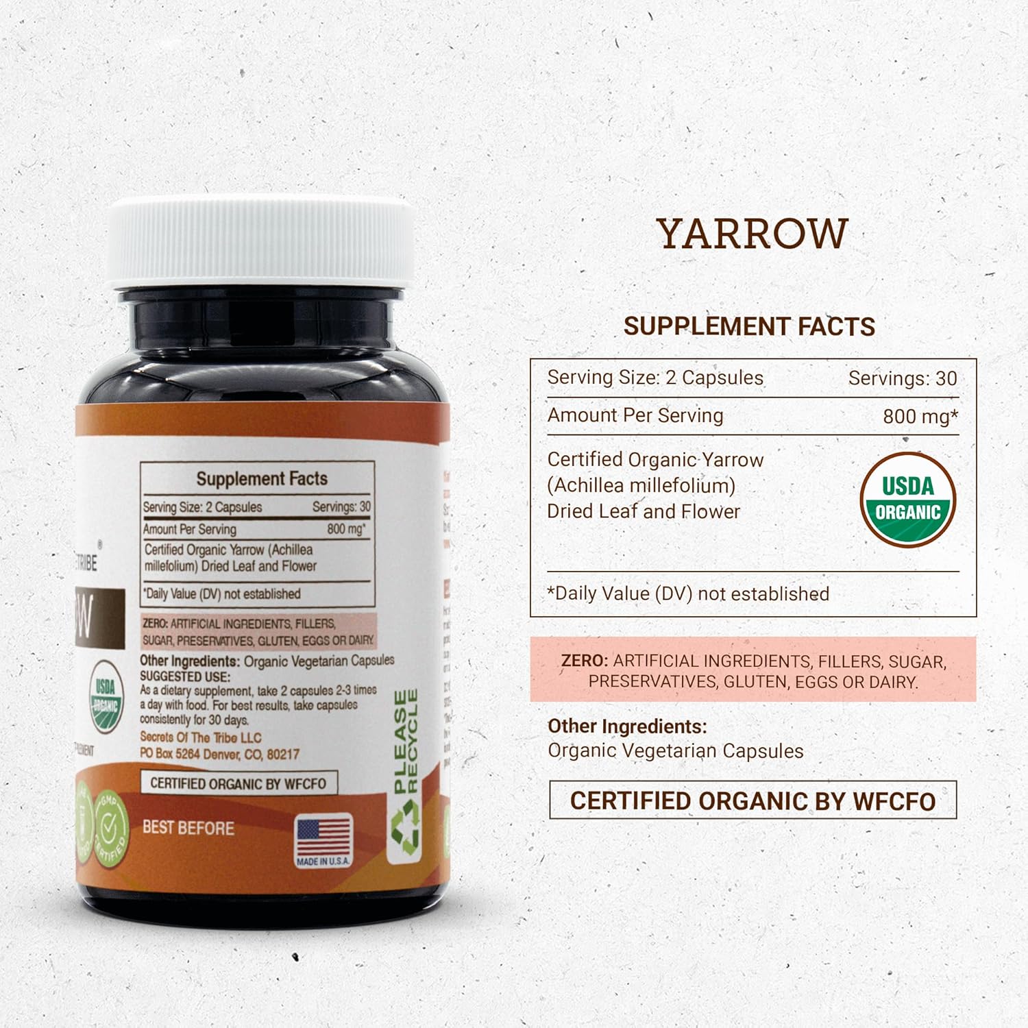 Organic Yarrow Capsules - 800 mg, Dried Leaf & Flower - Secrets of the Tribe