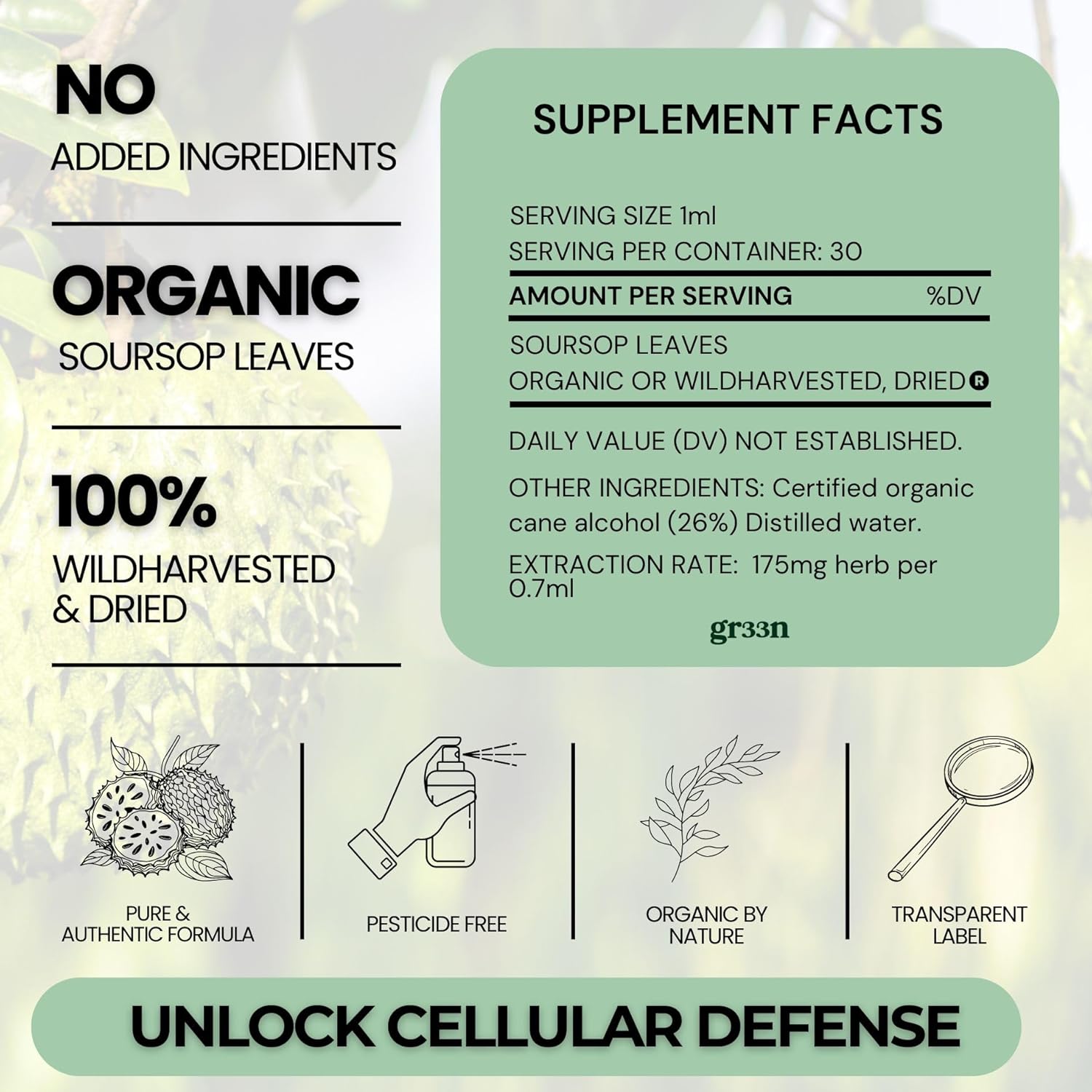 Organically Sourced Gr33n Soursop Leaf Extract - Bitter Soursop Supplement