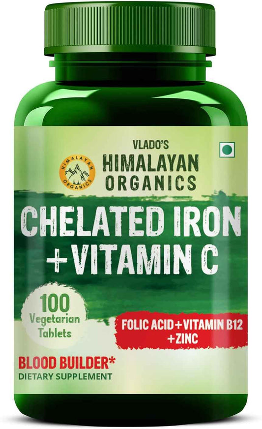 Organics Chelated Iron with Vitamin C,B12,Zinc & Folic Acid | Boost Hemoglobin Levels | Improves Concentration Level,Energy & Blood Building-120 Veg Tablets