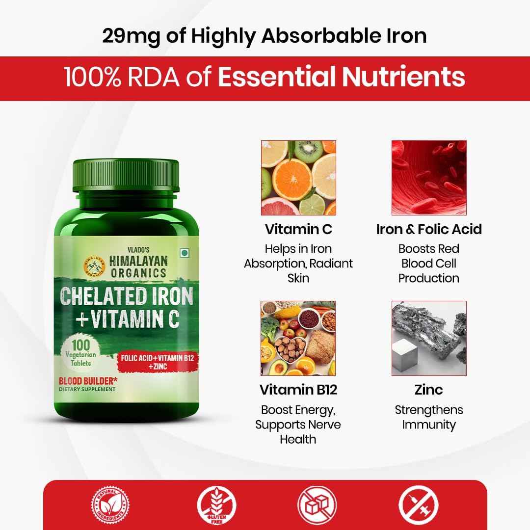 Organics Chelated Iron with Vitamin C,B12,Zinc & Folic Acid | Boost Hemoglobin Levels | Improves Concentration Level,Energy & Blood Building-120 Veg Tablets