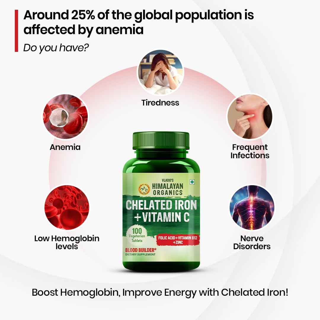 Organics Chelated Iron with Vitamin C,B12,Zinc & Folic Acid | Boost Hemoglobin Levels | Improves Concentration Level,Energy & Blood Building-120 Veg Tablets