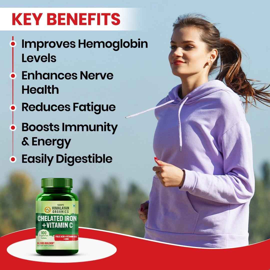 Organics Chelated Iron with Vitamin C,B12,Zinc & Folic Acid | Boost Hemoglobin Levels | Improves Concentration Level,Energy & Blood Building-120 Veg Tablets