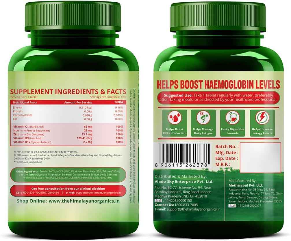 Organics Chelated Iron with Vitamin C,B12,Zinc & Folic Acid | Boost Hemoglobin Levels | Improves Concentration Level,Energy & Blood Building-120 Veg Tablets