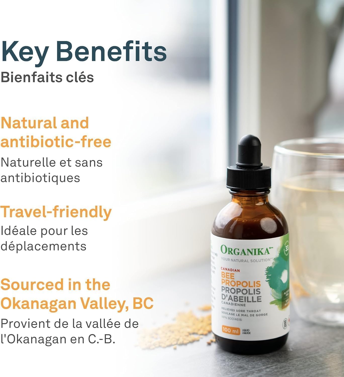 Organika Bee Propolis Liquid - 100ml 3.38oz - Immune Support & Antioxidant - Natural Relief for Sore Throat - Alcohol-Free