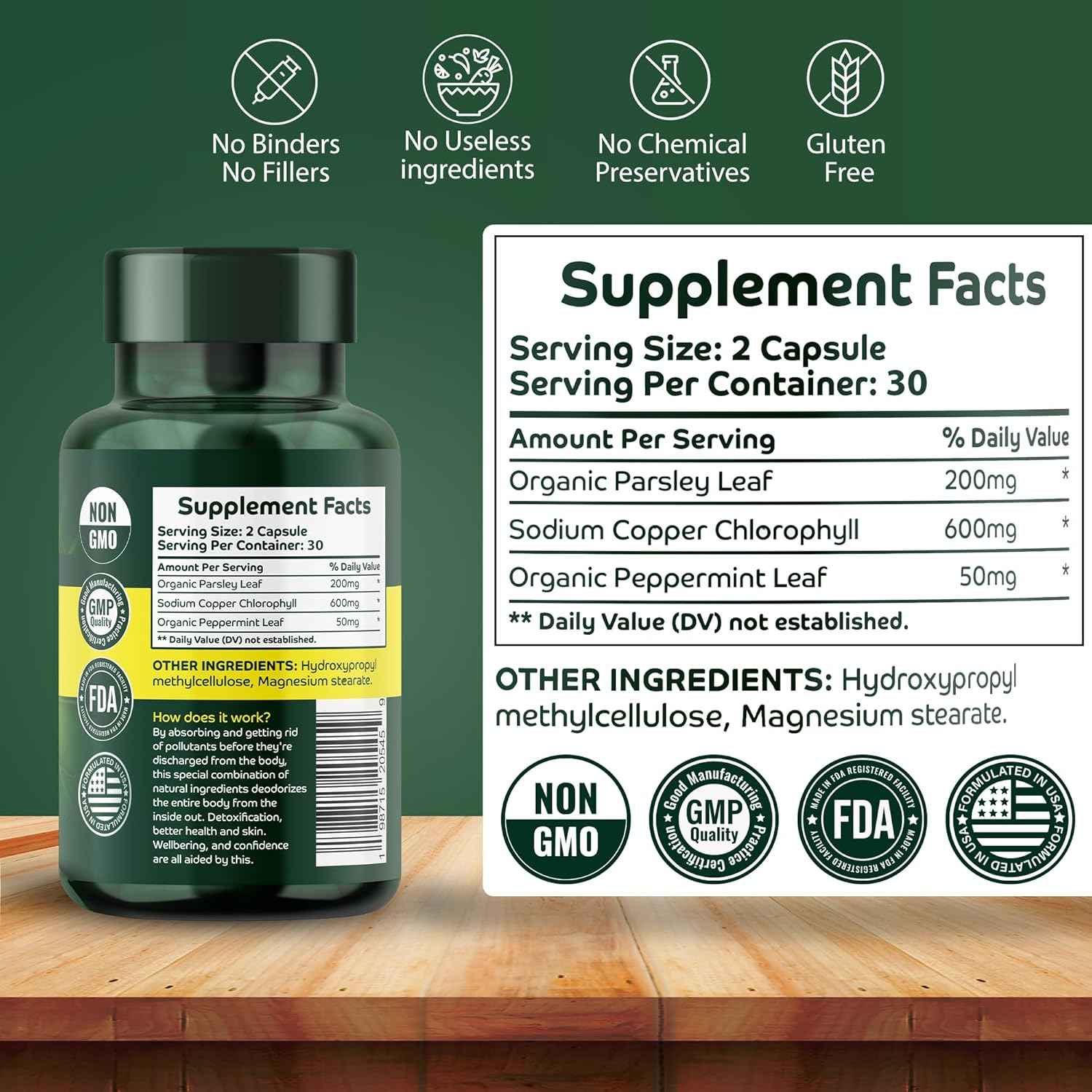Orry's Vital Chlorophyll Capsules 600 mg - Natural Internal Deodorant to Detox Body Odor, Armpits & Private Parts - Body-Deodorizing Supplement: Supports Immunity and Digestion - 60 Chlorophyll Pills