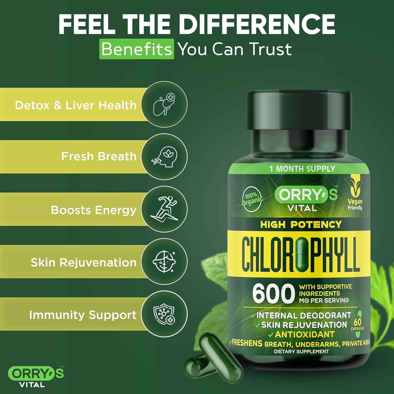 Orry's Vital Chlorophyll Capsules 600 mg - Natural Internal Deodorant to Detox Body Odor, Armpits & Private Parts - Body-Deodorizing Supplement: Supports Immunity and Digestion - 60 Chlorophyll Pills