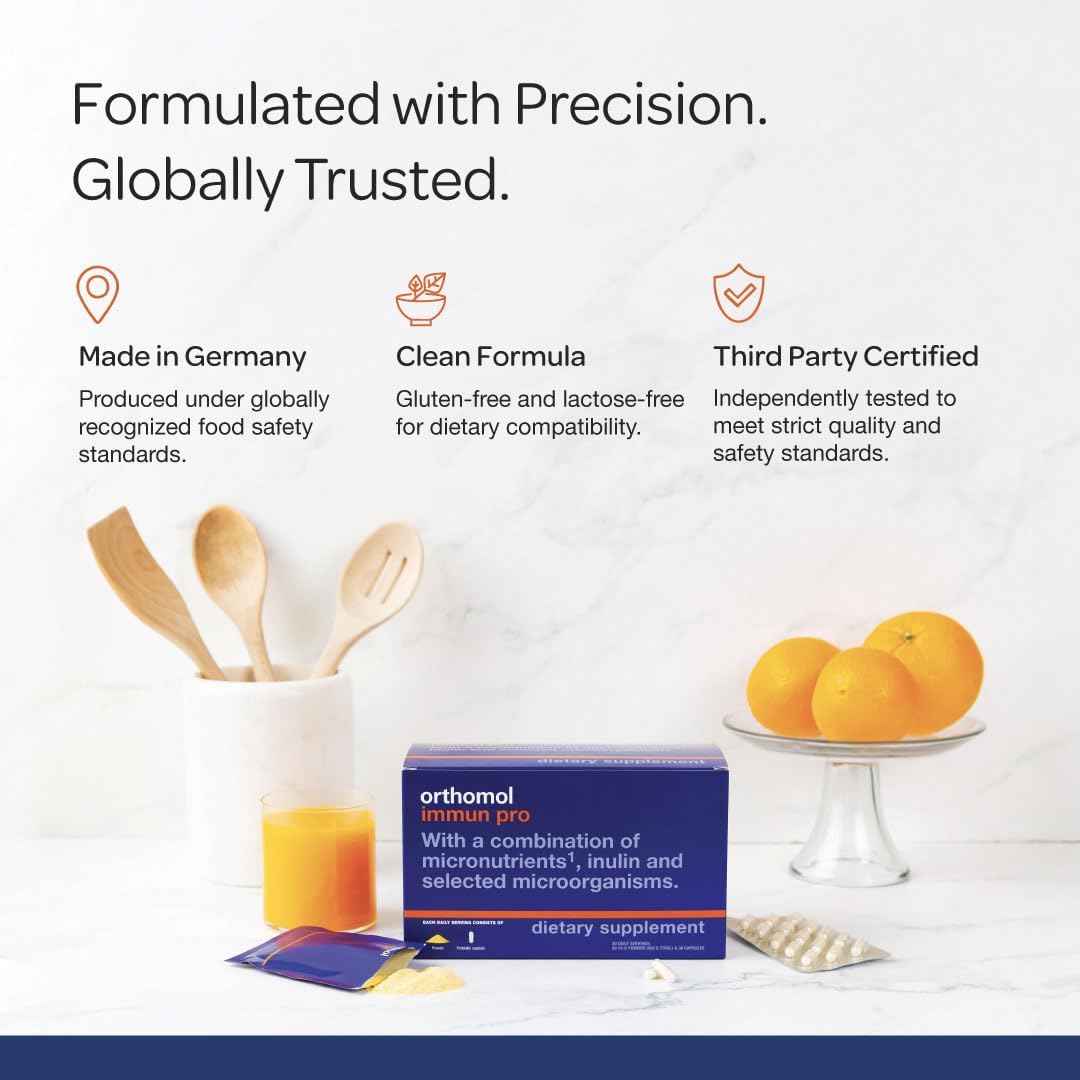 Orthomol Immun Pro, Immune Support, Probiotic Gut Health Supplement, Inulin Prebiotic Fiber, 30-Day Supply, Vitamin A, B, C, D, E, Zinc, Iodine, Probiotics for Women and Men, Daily Powder & Capsule