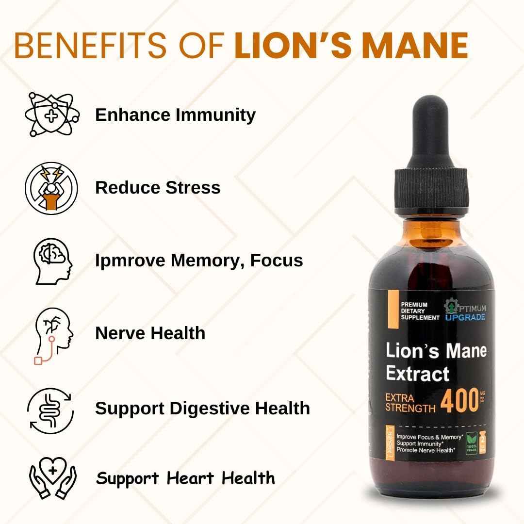 OU Lion’s Mane Mushroom Extract - Enhances Focus & Memory, Supports Immune System, Nerve Health, Organic Vegan Liquid Tincture - 2 Oz Lions Mane Supplement