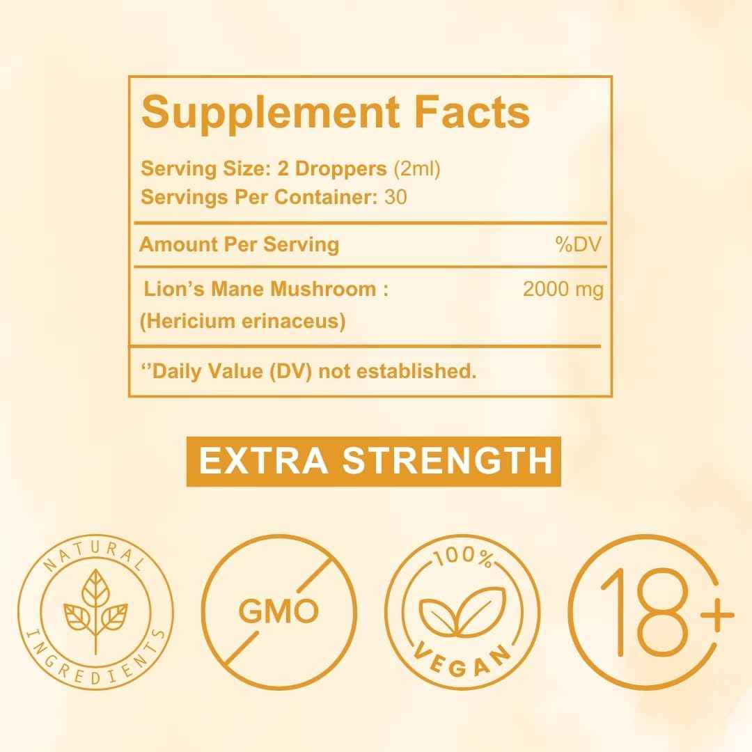 OU Lion’s Mane Mushroom Extract - Enhances Focus & Memory, Supports Immune System, Nerve Health, Organic Vegan Liquid Tincture - 2 Oz Lions Mane Supplement