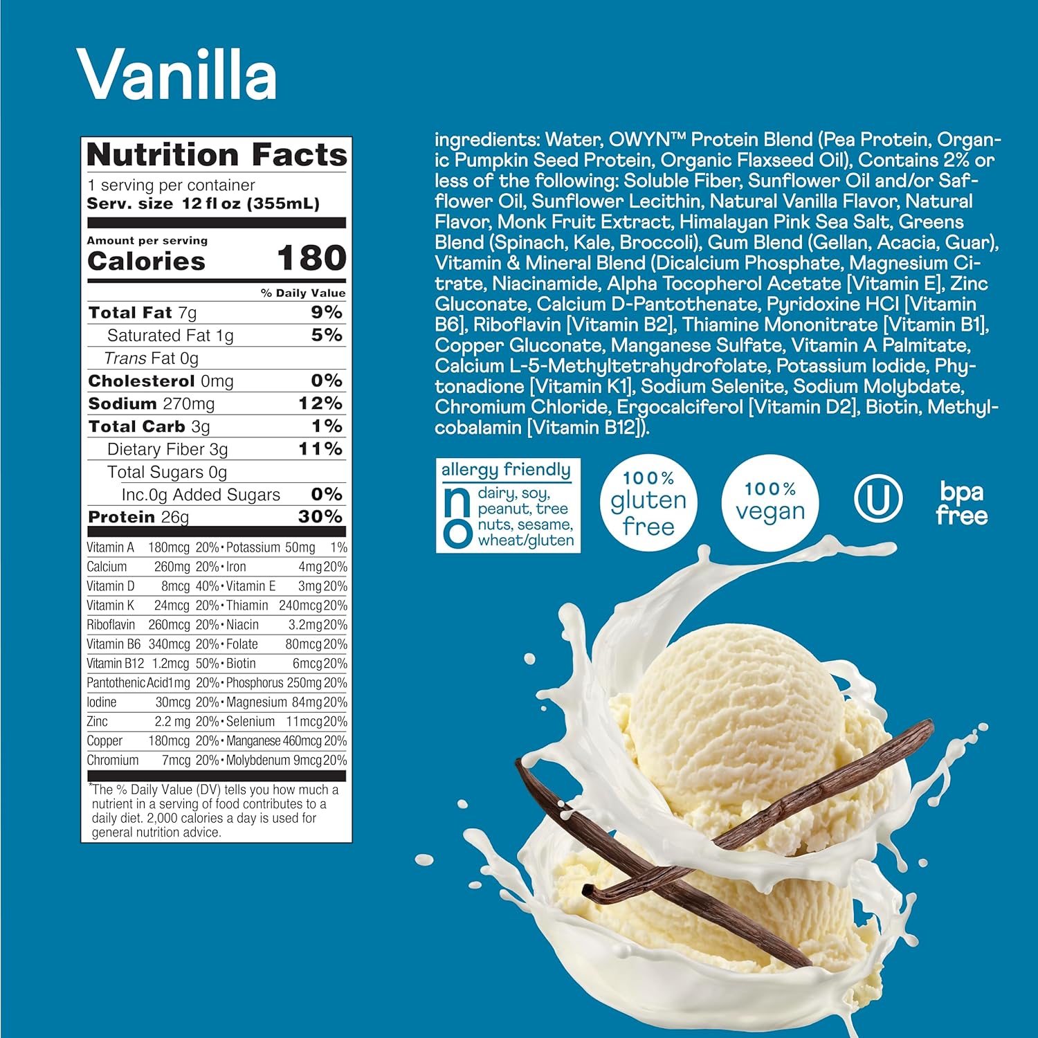 OWYN High Protein Plant Based Nutrition Shake, Vanilla Flavor, 12 Fl Oz (24 Pack) - Complete & Balanced