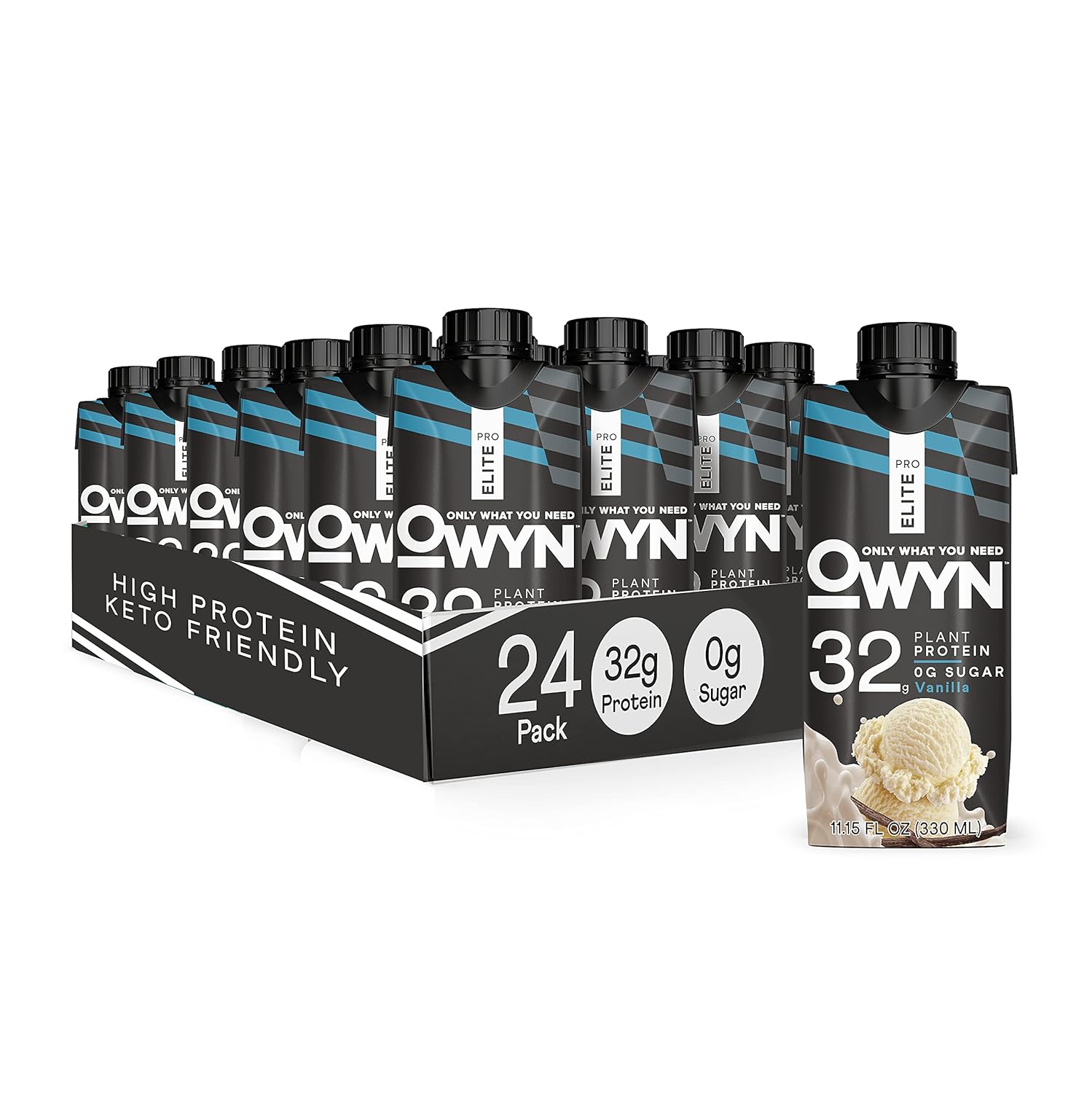 OWYN Pro Elite Vegan Plant-Based High Protein Shake, Vanilla - 24 Pack, 32g Protein, Prebiotics, Superfoods Greens - Zero Sugar, Keto Friendly