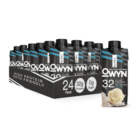 OWYN Pro Elite Vegan Plant-Based High Protein Shake, Vanilla - 24 Pack, 32g Protein, Prebiotics, Superfoods Greens - Zero Sugar, Keto Friendly