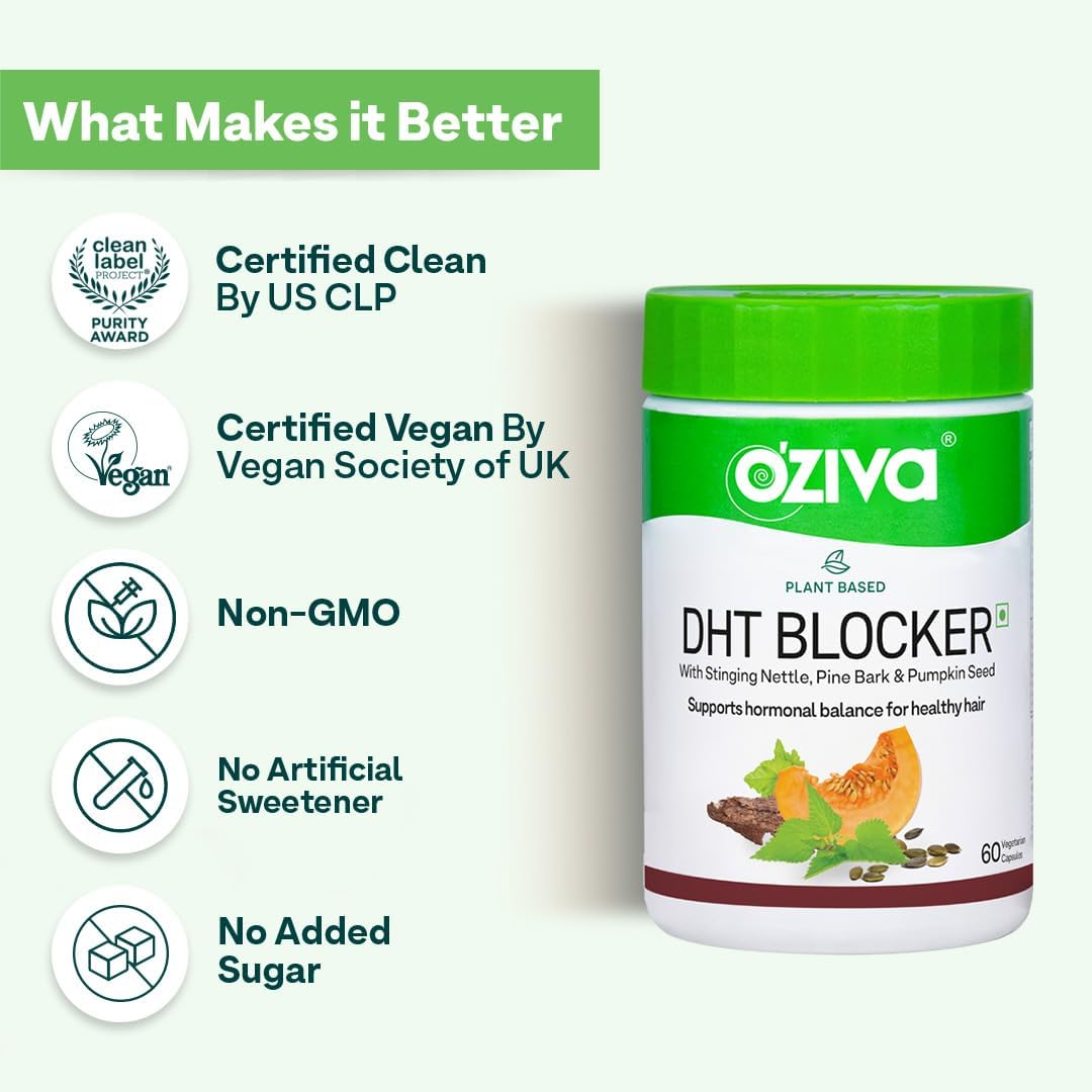 OZIVA Plant Based DHT Blocker Capsules for Hairfall Control & Follicle Stimulation - 60 Count