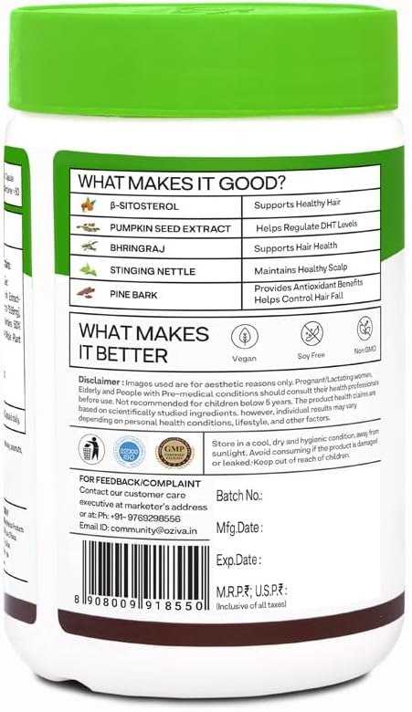 OZIVA Plant Based DHT Blocker Capsules for Hairfall Control & Follicle Stimulation - 60 Count