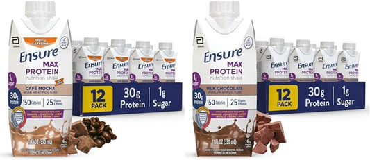 Pack of 12 Ensure Max Protein Nutritional Shakes, 30g Protein, 25 Vitamins & Minerals, Gluten Free, 7 Flavors - Cafe Mocha, Milk Chocolate