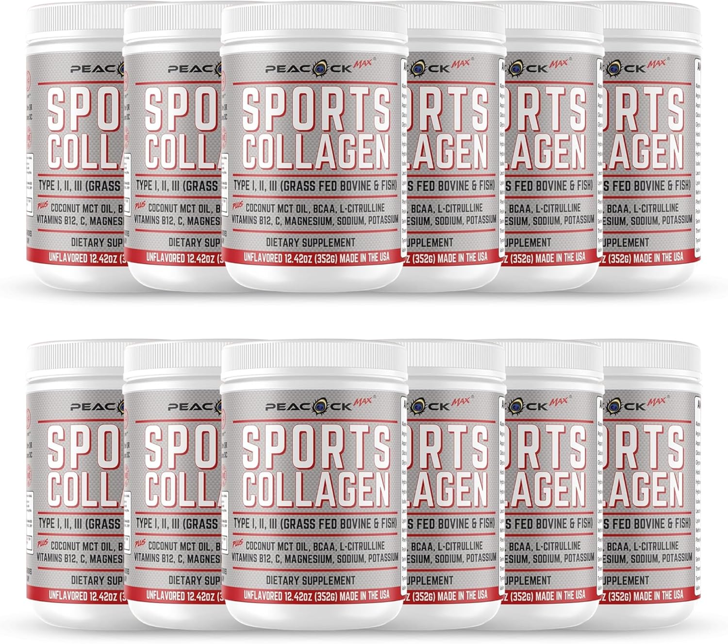 Pack of 12 Peacock Max Sports Collagen Powder - Grass Fed Bovine & Wild Fish Hydrolyzed Multi Collagen Peptides with BCAA & Magnesium, 149.04 oz