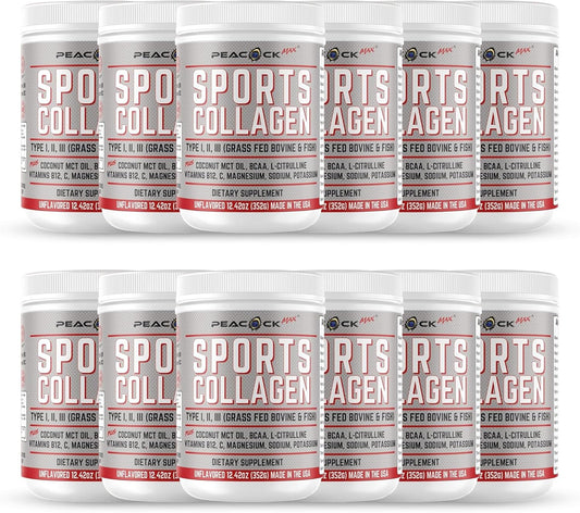 Pack of 12 Peacock Max Sports Collagen Powder - Grass Fed Bovine & Wild Fish Hydrolyzed Multi Collagen Peptides with BCAA & Magnesium, 149.04 oz