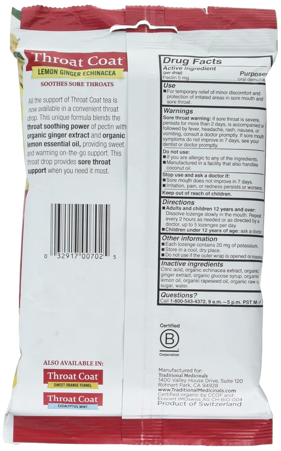 Pack of 12 Traditional Medicinals Lemon Ginger Echinacea Lozenges - 16 Pieces