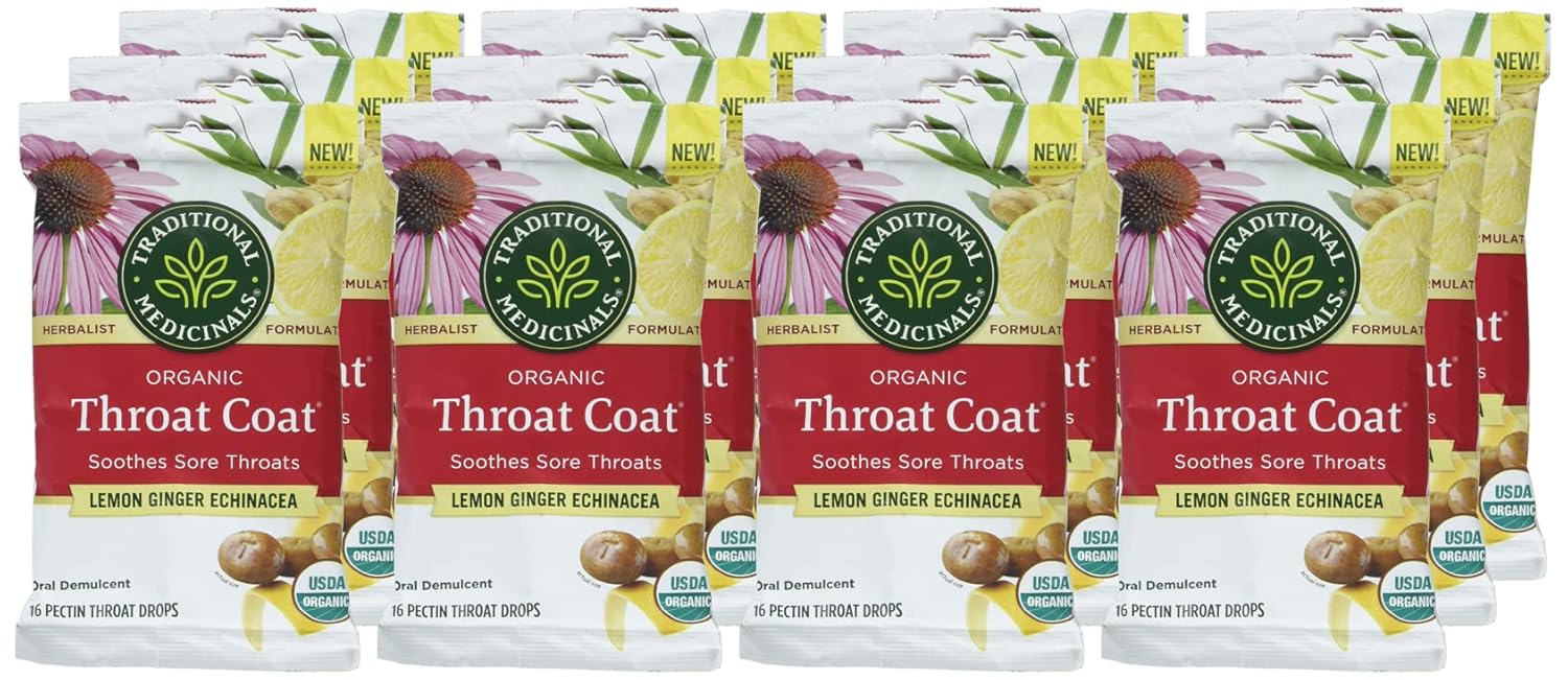 Pack of 12 Traditional Medicinals Lemon Ginger Echinacea Lozenges - 16 Pieces