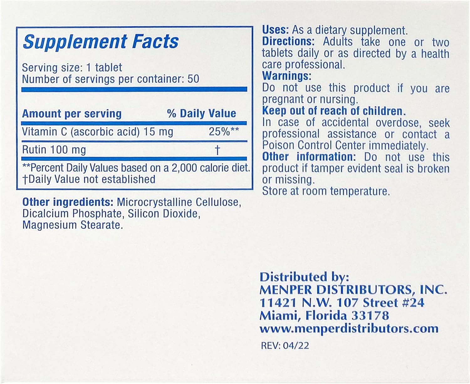 Pack of 150 RUTASCORBIN Memper Vitality Boost Tablets for Immune Support and Cardio Health