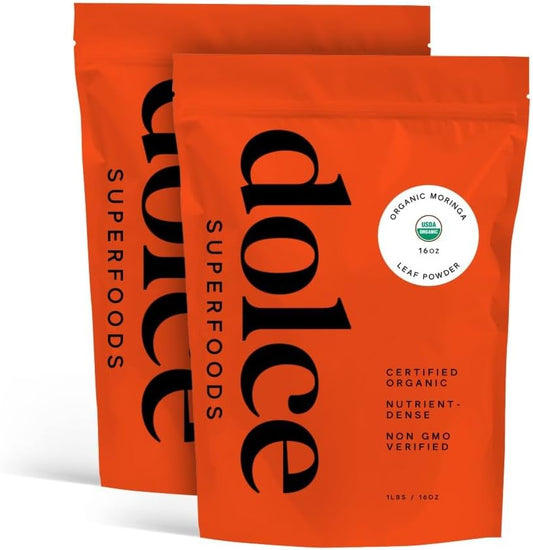 Pack of 2 Dolce Superfoods Moringa Leaf Powder - Greens Superfood with Amino Acids, Antioxidants, Protein, Vitamins, Omega - Moringa Oleifera Drumstick Supplement for Teas, Smoothies & Beverages