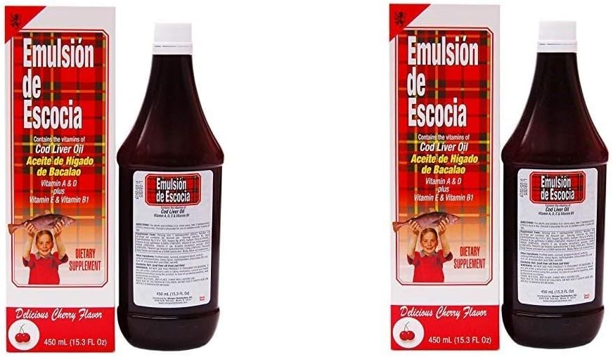 Pack of 2 Emulsion De Escocia Cherry Cod Liver Oil 6.5 oz - Rich in Omega-3 and Antioxidants for Overall Health