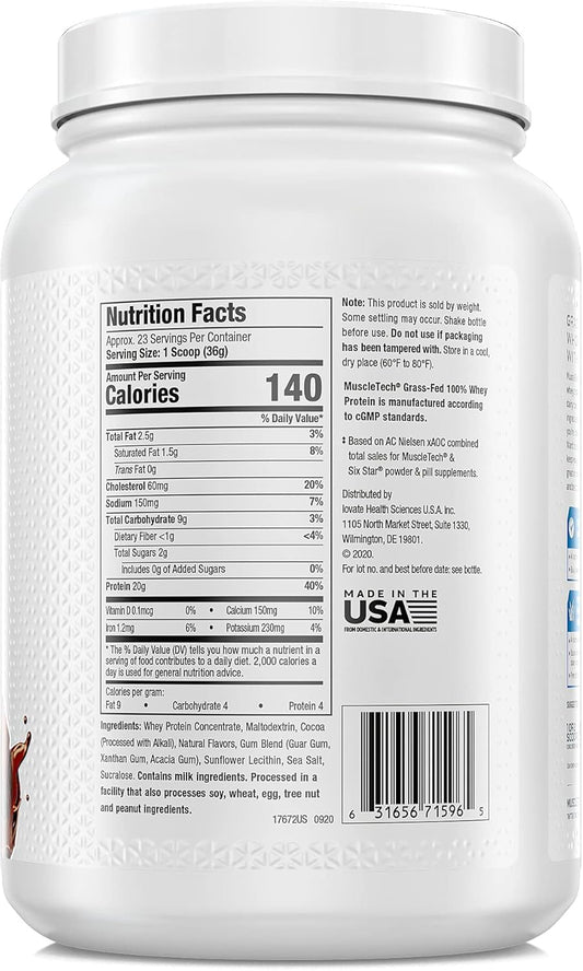 Pack of 2 MuscleTech Triple Chocolate Grass Fed Whey Protein Powder, 20g Protein, Growth Hormone Free, Non-GMO, Gluten Free, 4.3g BCAA, 1.8 lbs - Muscle Gain Formula