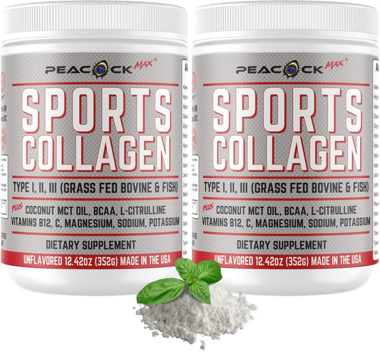 Pack of 2 Peacock Max Sports Collagen Powder - Grass Fed Bovine & Wild Fish Hydrolyzed Multi Collagen Peptides, Unflavored Protein Powder with BCAA & Electrolytes - 12.42 oz