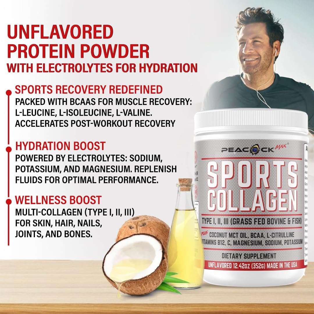 Pack of 2 Peacock Max Sports Collagen Powder - Grass Fed Bovine & Wild Fish Hydrolyzed Multi Collagen Peptides, Unflavored Protein Powder with BCAA & Electrolytes - 12.42 oz