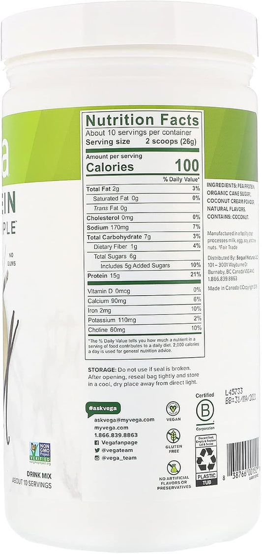 Pack of 2 Vega Protein Made Simple Vanilla Protein Powder - Stevia Free, Vegan, Plant Based, Gluten Free, Pea Protein for Women and Men, 9.2 oz
