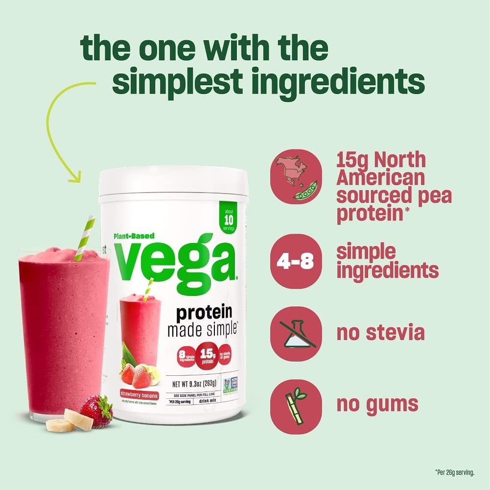 Pack of 2 Vega Protein Made Simple Vanilla Protein Powder - Stevia Free, Vegan, Plant Based, Gluten Free, Pea Protein for Women and Men, 9.2 oz