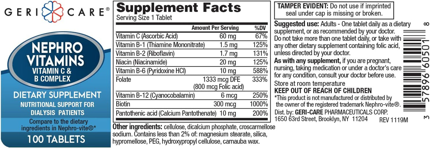 Pack of 200 GeriCare Nephro Vitamin C & B Complex Tablets for Nutritional Support
