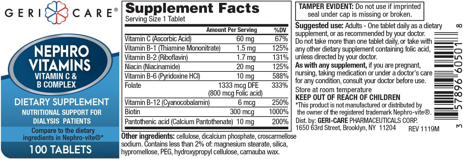 Pack of 200 GeriCare Nephro Vitamin C & B Complex Tablets for Nutritional Support