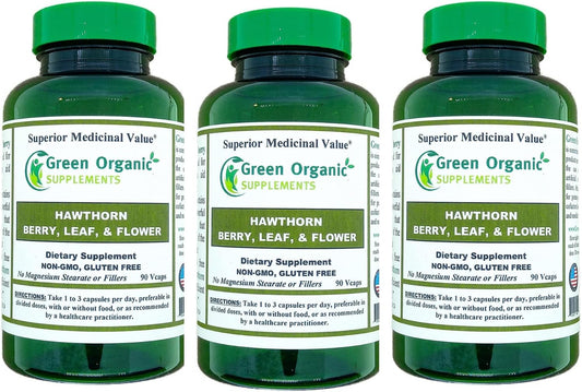 Pack of 270 Green Organic Hawthorn Berry Capsules for Cardiovascular Health & Heart Care, Natural Supplements with Hawthorn Leaf & Flower