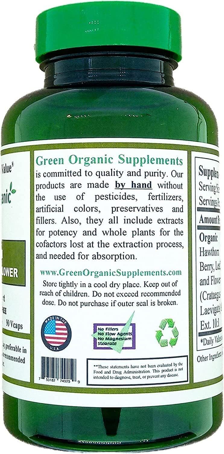 Pack of 270 Green Organic Hawthorn Berry Capsules for Cardiovascular Health & Heart Care, Natural Supplements with Hawthorn Leaf & Flower