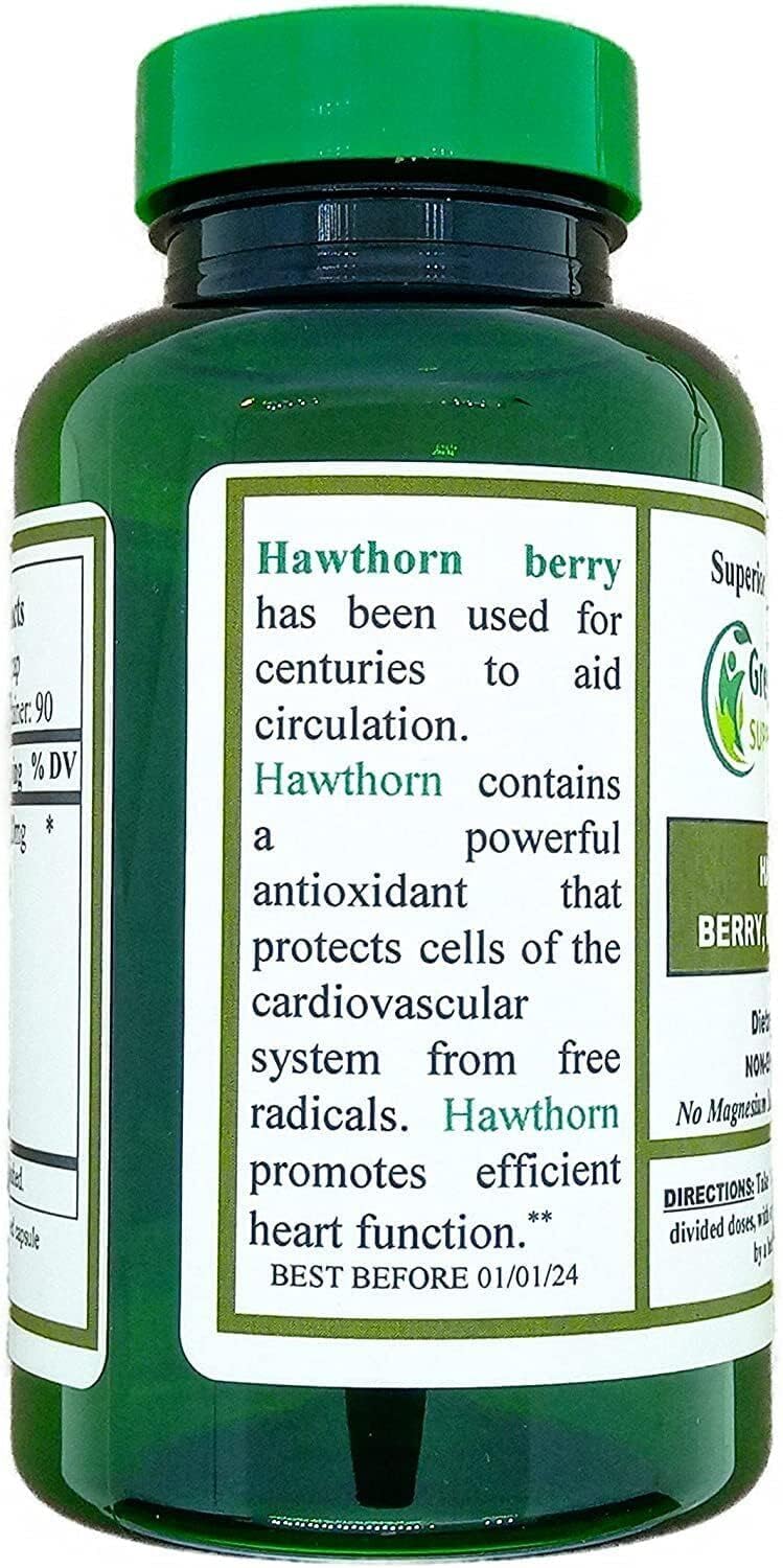 Pack of 270 Green Organic Hawthorn Berry Capsules for Cardiovascular Health & Heart Care, Natural Supplements with Hawthorn Leaf & Flower