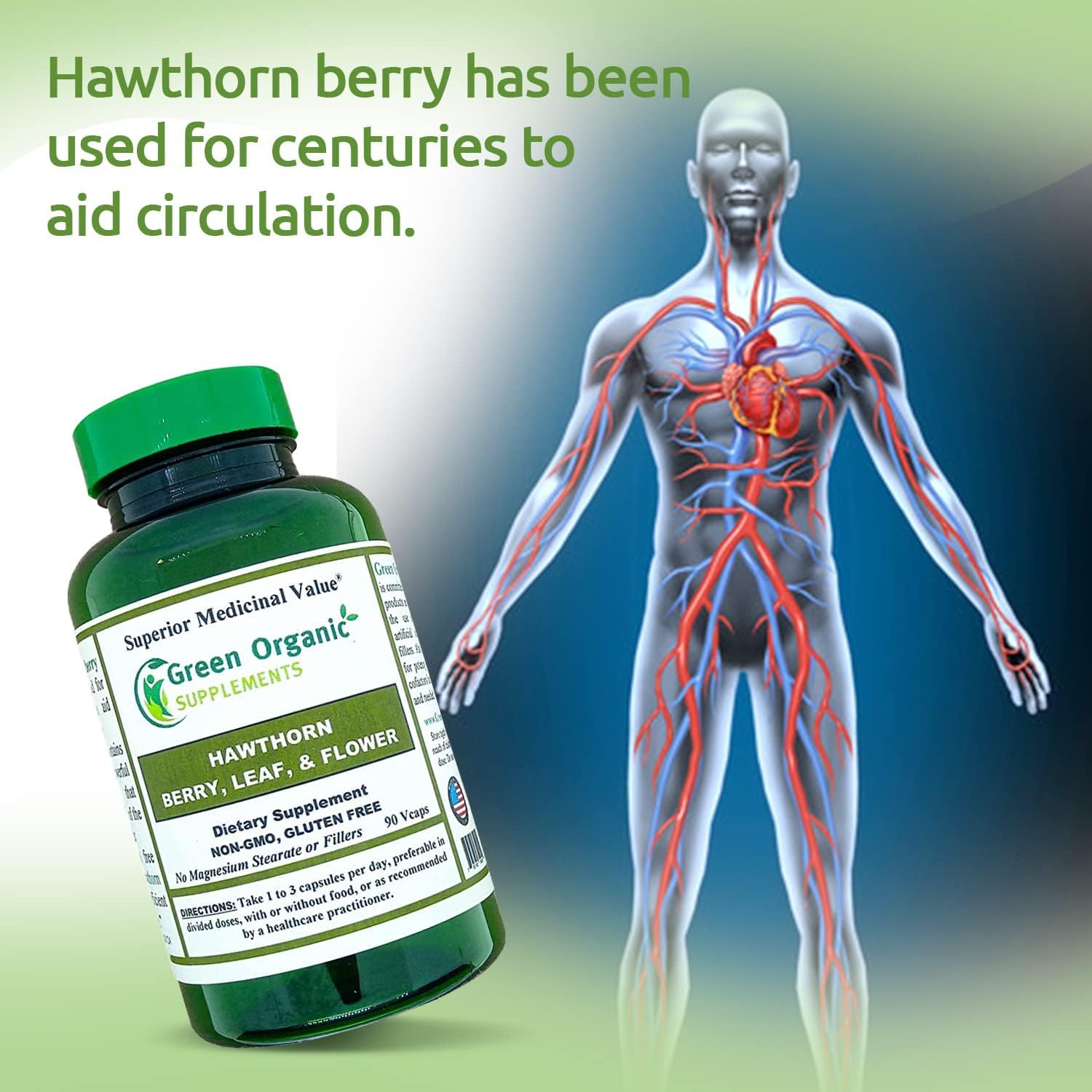 Pack of 270 Green Organic Hawthorn Berry Capsules for Cardiovascular Health & Heart Care, Natural Supplements with Hawthorn Leaf & Flower