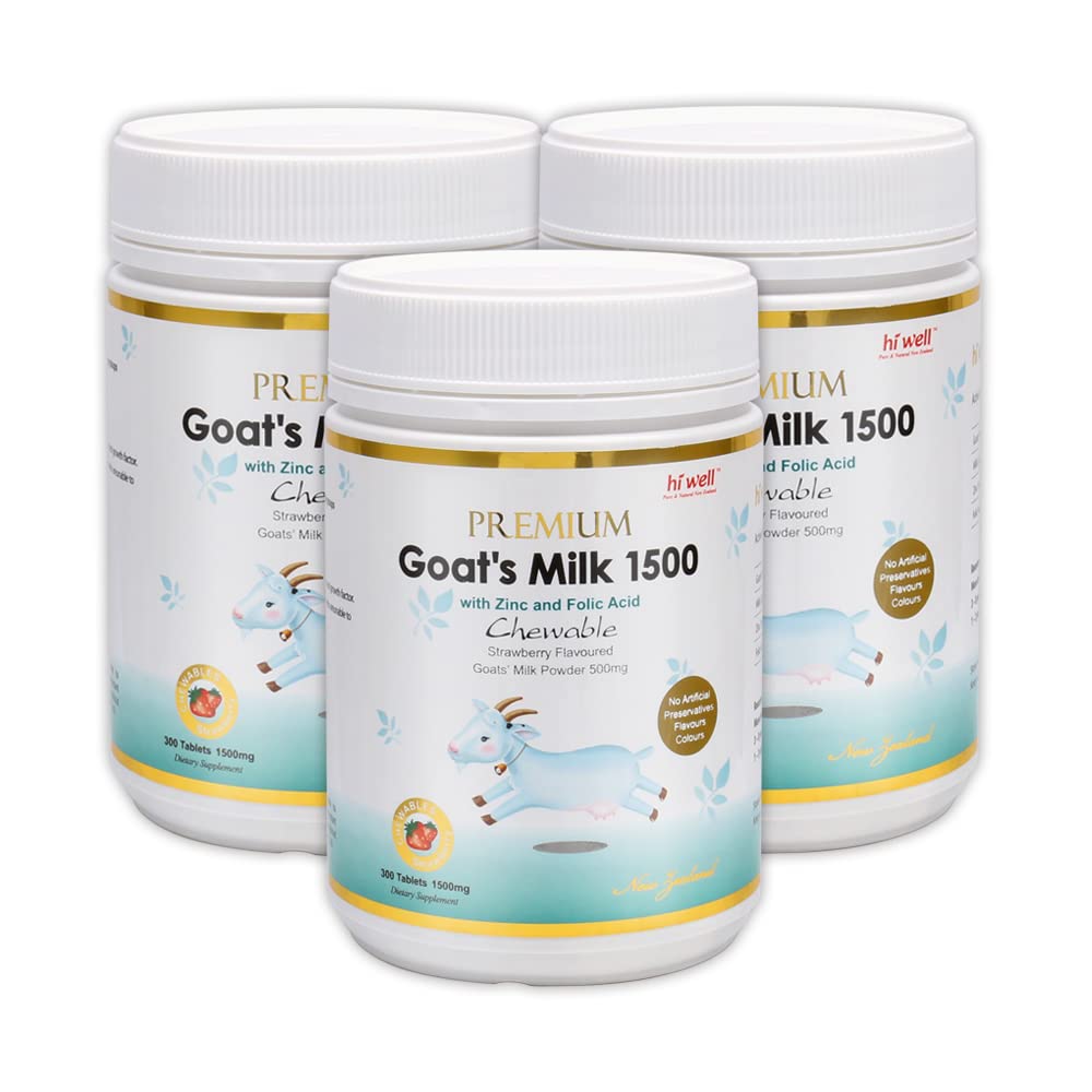 Pack of 3 Hi Well Premium Goat's Milk 1500 Strawberry Tablets - Pure & Natural New Zealand
