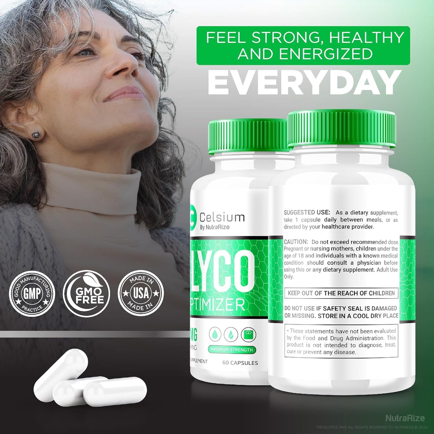 Pack of 3 NutraRize Celsium Glyco Optimizer Capsules - Maximum Strength Blood Flow Support with Herbal Vitamins Formula for Overall Health - Official Reviews (180 Capsules)