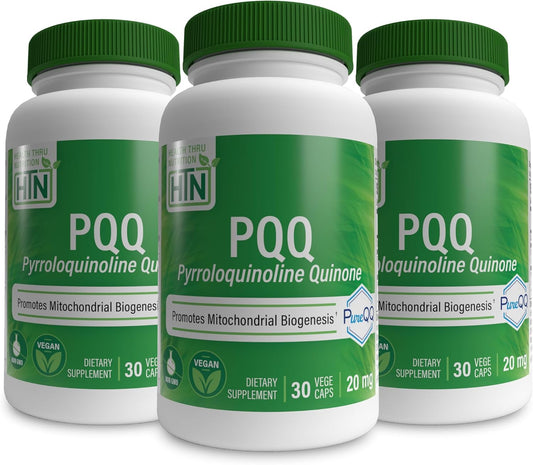 Pack of 3 PureQQ PQQ Supplement 20mg - Pyrroloquinoline Quinone for Mitochondrial Health, Vegan, Non-GMO, Gluten & Soy Free by Health Thru Nutrition