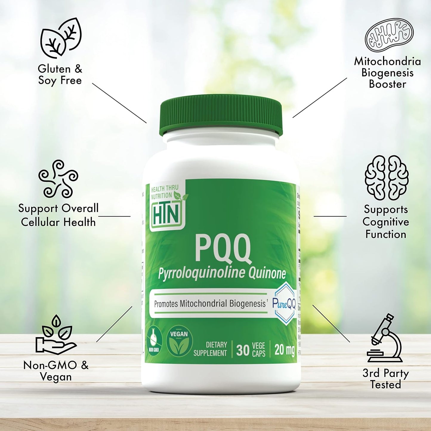 Pack of 3 PureQQ PQQ Supplement 20mg - Pyrroloquinoline Quinone for Mitochondrial Health, Vegan, Non-GMO, Gluten & Soy Free by Health Thru Nutrition