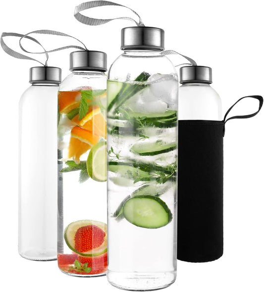 Pack of 4 Kitchen Lux 18oz Glass Water Bottles with Protective Sleeves, Screw Top Lids, Carrying Loops - BPA Free Beverage Glasses