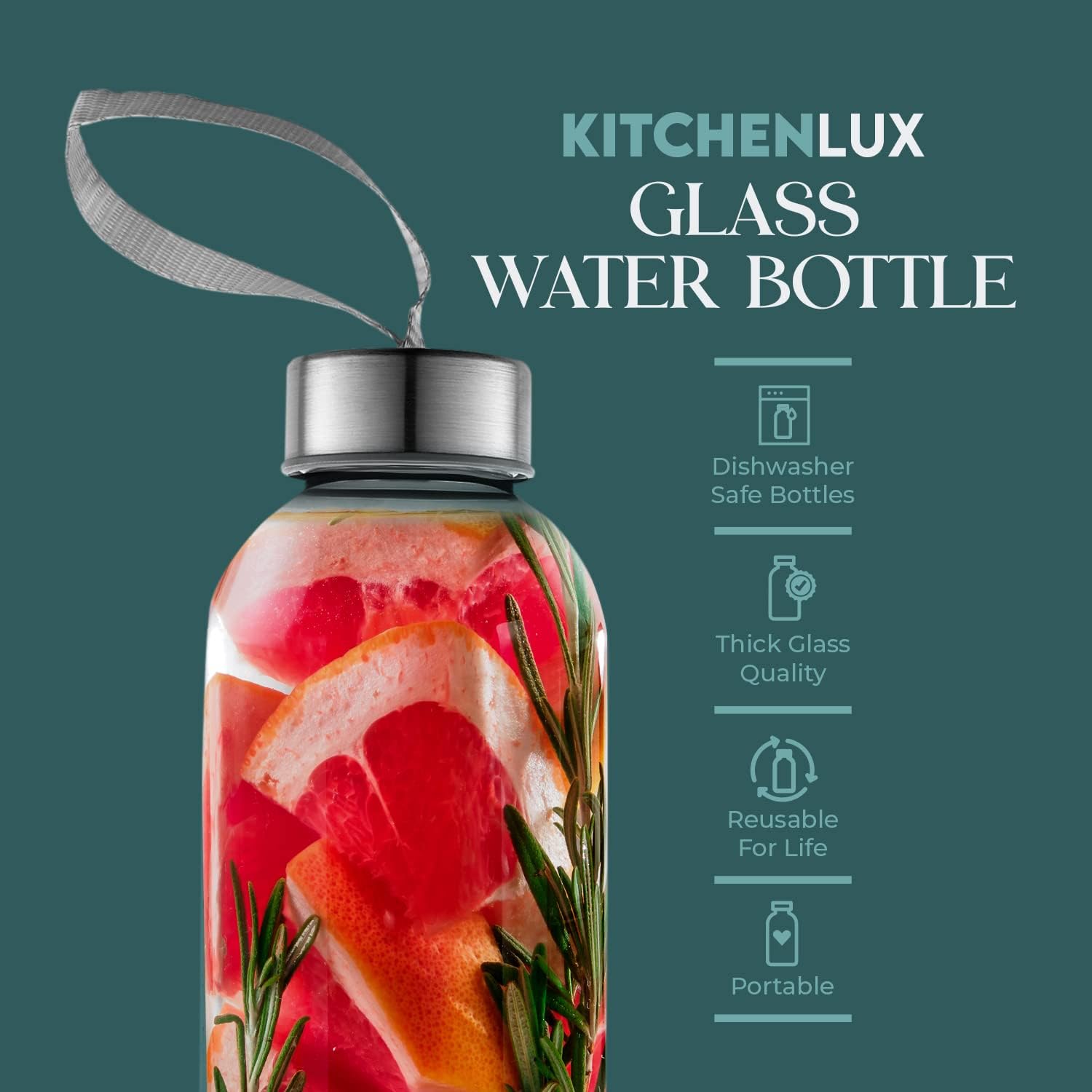 Pack of 4 Kitchen Lux 18oz Glass Water Bottles with Protective Sleeves, Screw Top Lids, Carrying Loops - BPA Free Beverage Glasses