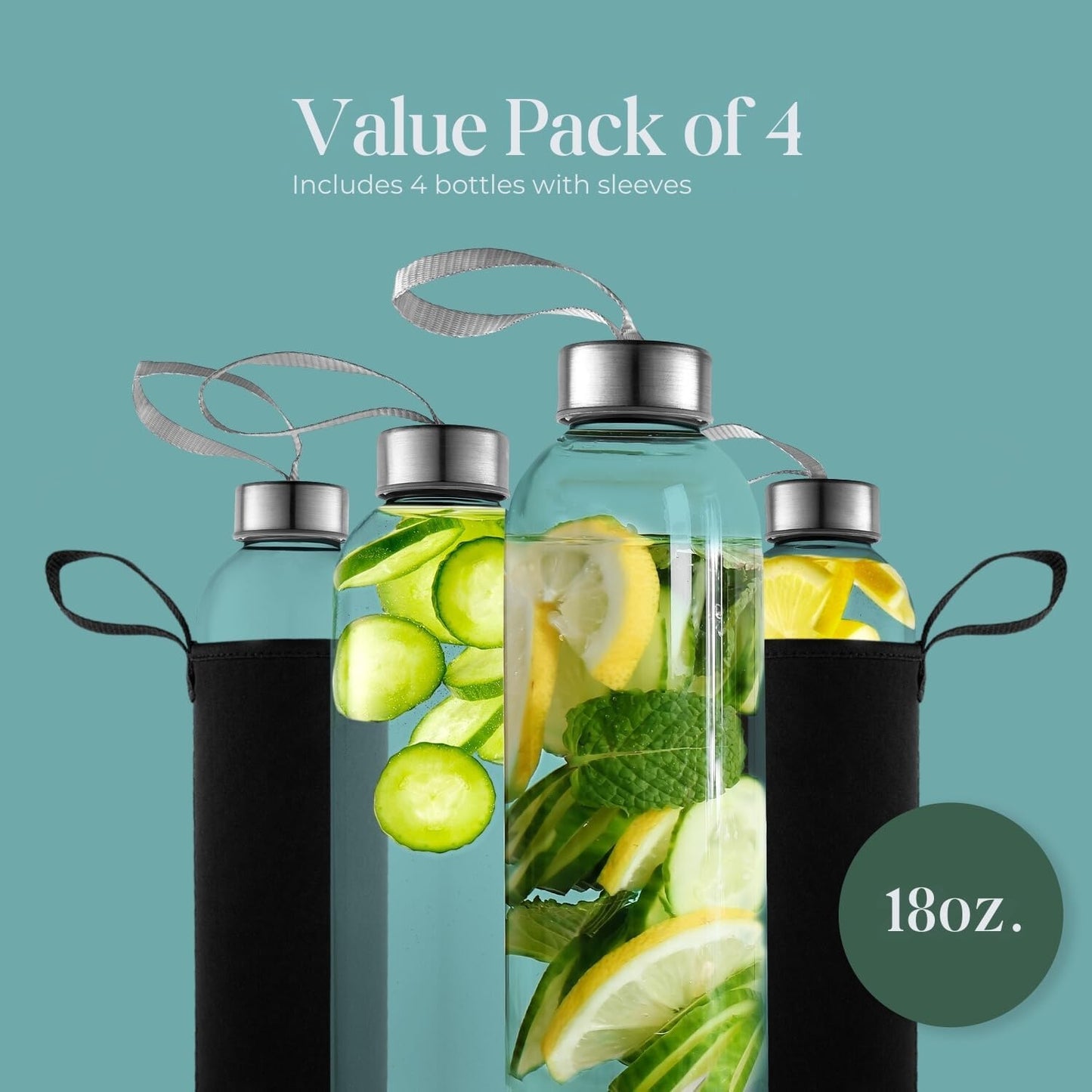 Pack of 4 Kitchen Lux 18oz Glass Water Bottles with Protective Sleeves, Screw Top Lids, Carrying Loops - BPA Free Beverage Glasses