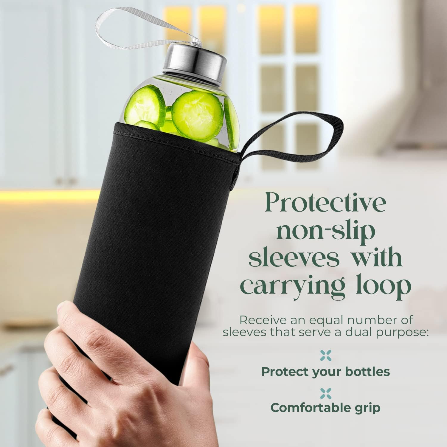 Pack of 4 Kitchen Lux 18oz Glass Water Bottles with Protective Sleeves, Screw Top Lids, Carrying Loops - BPA Free Beverage Glasses