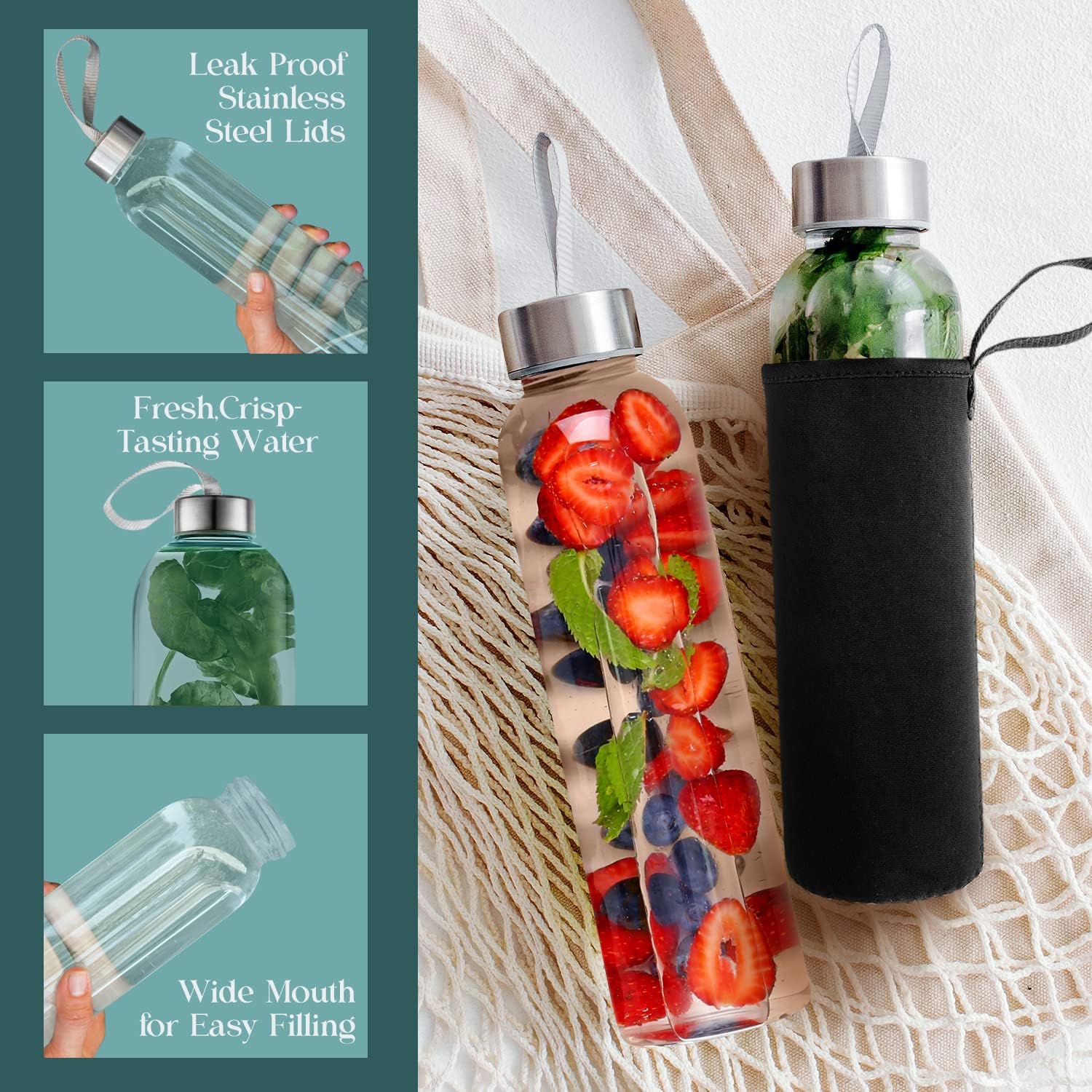 Pack of 4 Kitchen Lux 18oz Glass Water Bottles with Protective Sleeves, Screw Top Lids, Carrying Loops - BPA Free Beverage Glasses